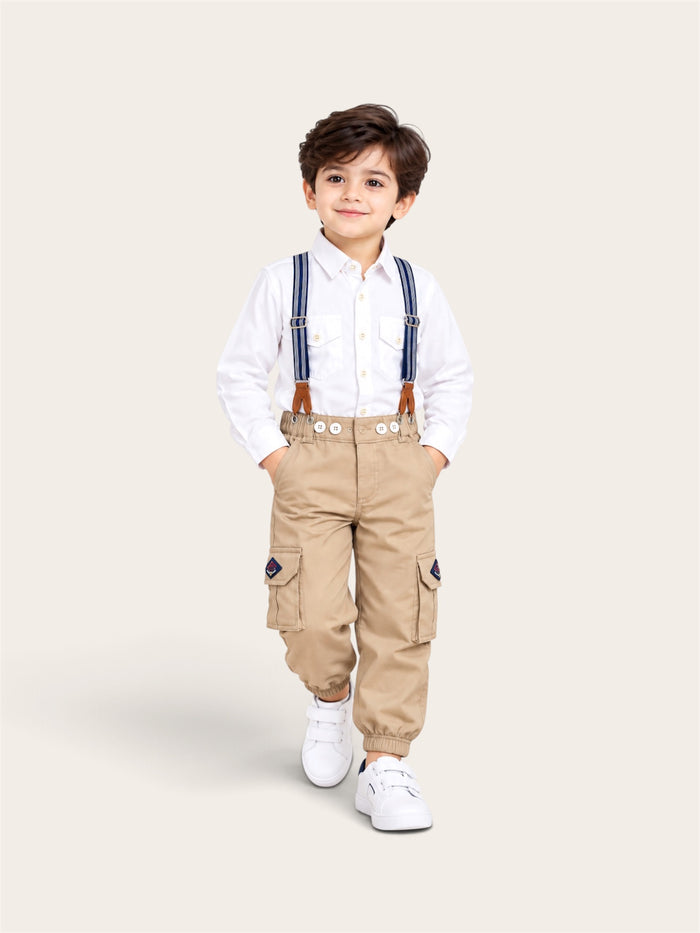 Boys Classic Suspender Cargo Pants Set – White Shirt with Navy & Beige Trousers