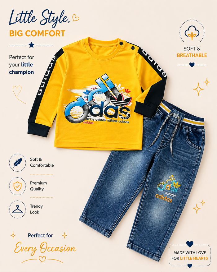 Boys’ Sporty Graphic Sweatshirt & Denim Jogger Set – Yellow & Blue