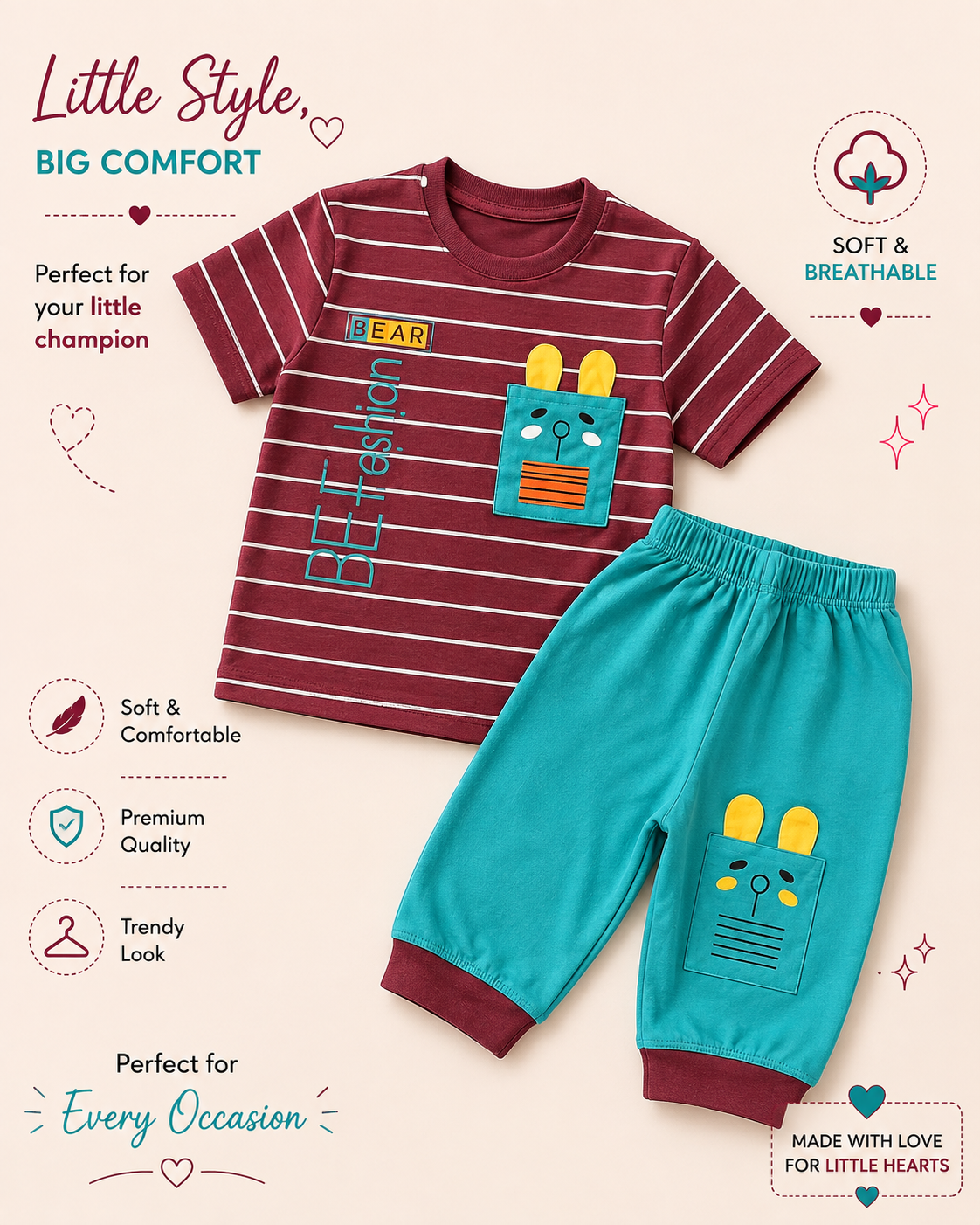 Kids’ Cute Bunny Striped T-Shirt & Jogger Set – Maroon & Teal 🐰