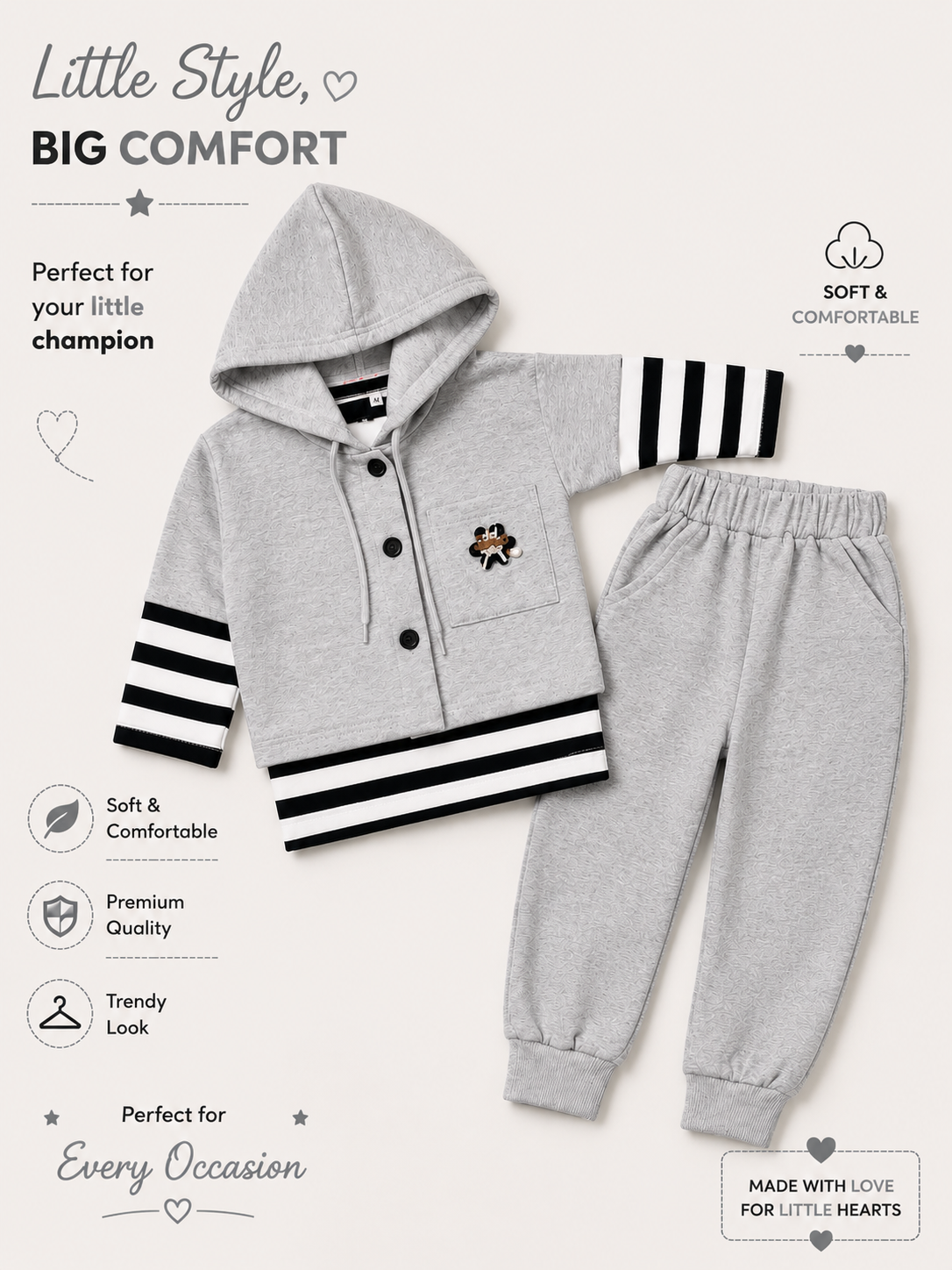 Unisex Grey Stripe Hooded 2-Piece Tracksuit Set