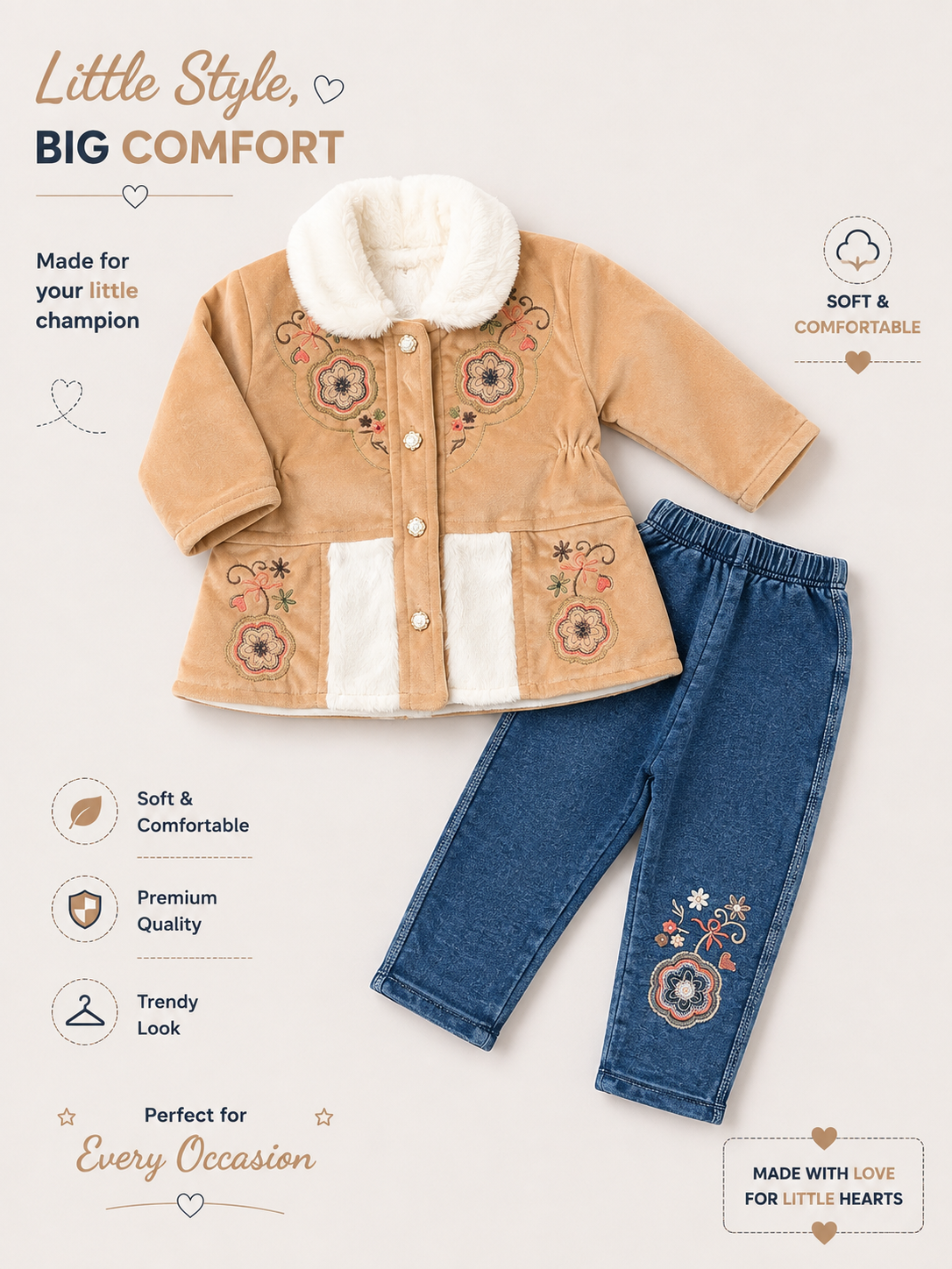 Girls’ Floral Embroidered Fur Collar Jacket & Denim Pants Set – Beige & Blue 🌸