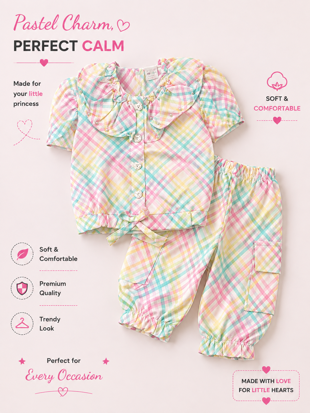 Girls’ Pastel Checkered Ruffle Top & Cargo Pants Set 🌸