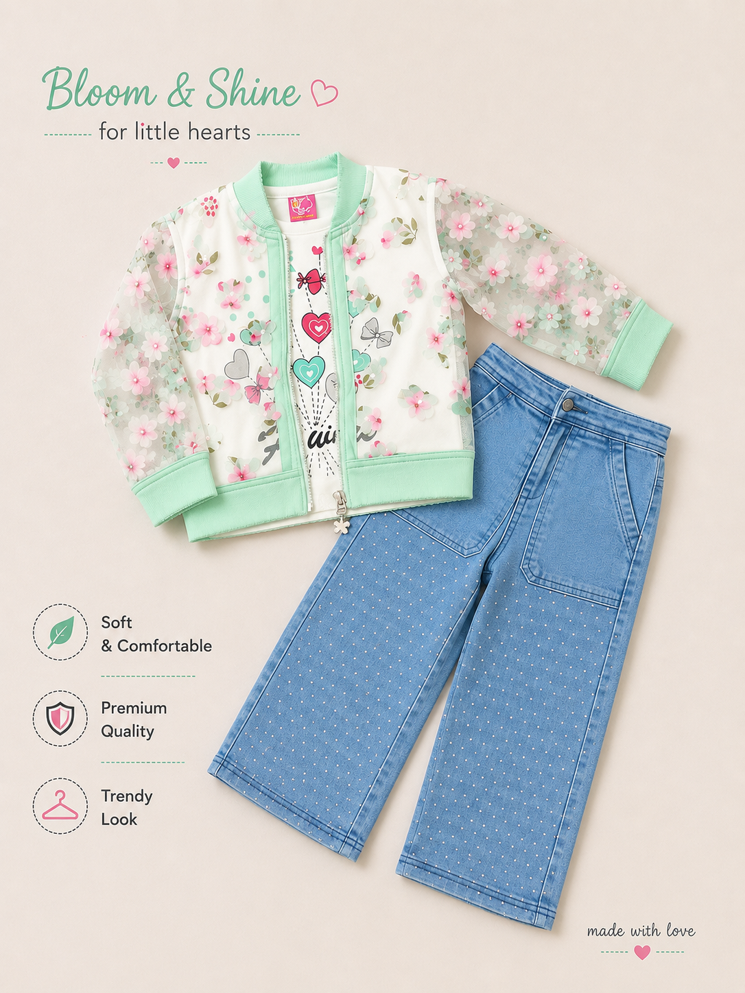 Girls’ Floral Mesh Jacket, Top & Wide-Leg Denim Set – Mint & Blue 🌸