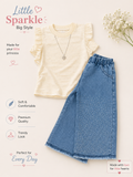 Girls’ Pearl Ruffle Top & Sparkle Wide-Leg Denim Set – Cream & Blue ✨