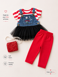 Girls’ Denim Tutu Dungaree Top & Leggings Set – Red & Black ❤️