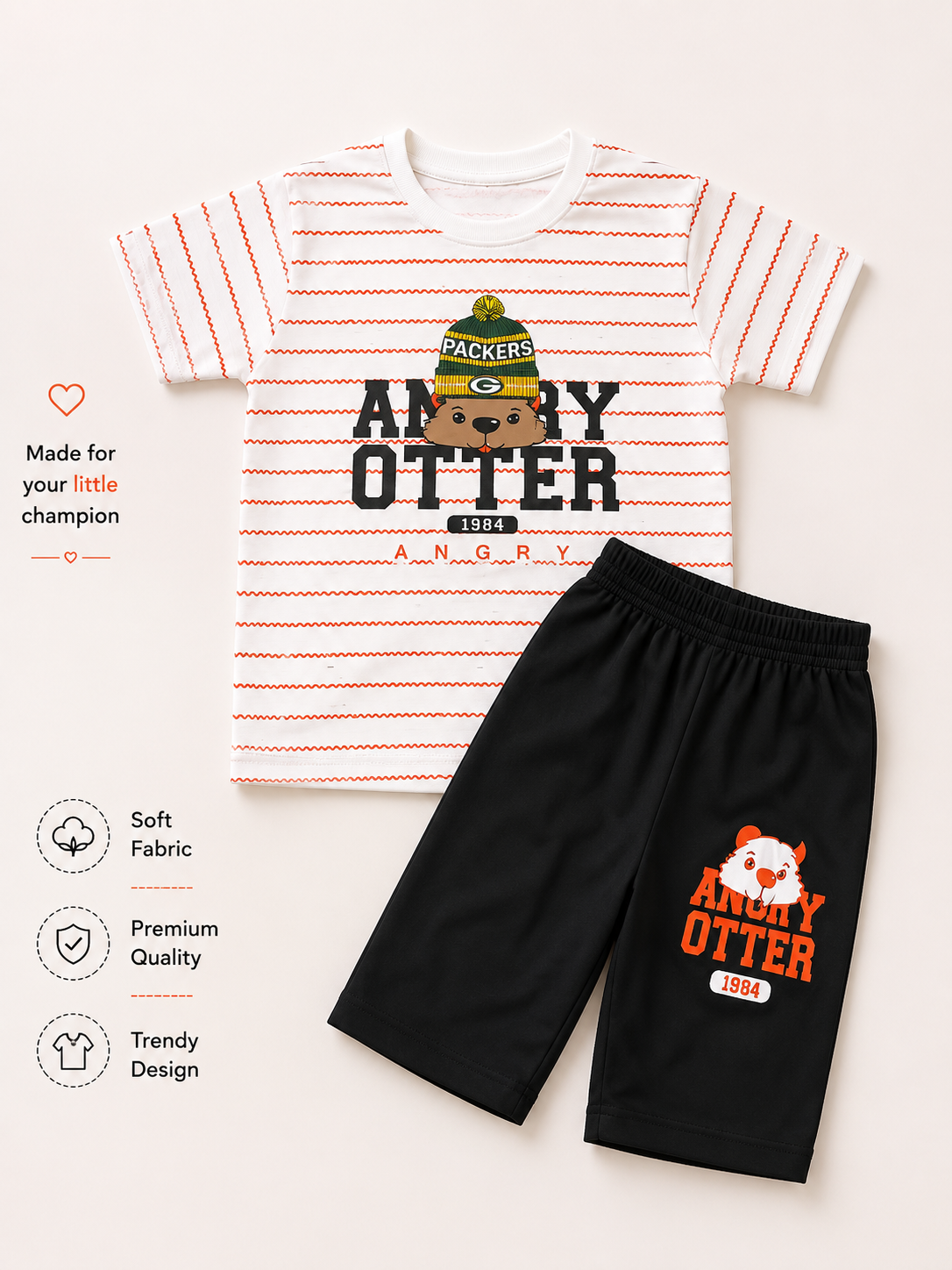 Boys’ Angry Otter Striped T-Shirt & Shorts Set – White & Black 🧡
