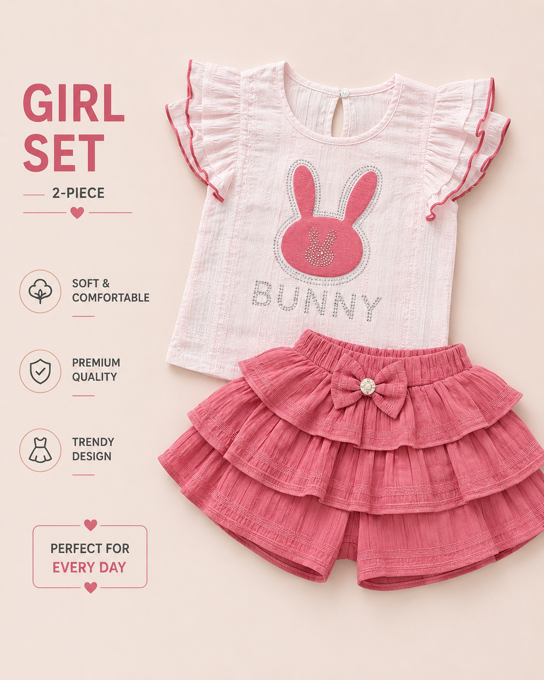 Cute Bunny Girls Pink Ruffle Top & Layered Skirt 2-Piece Set