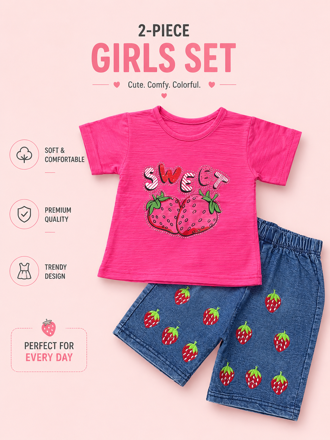 Girls Sweet Strawberry T-Shirt & Denim Shorts 2-Piece Set – Pink & Yellow