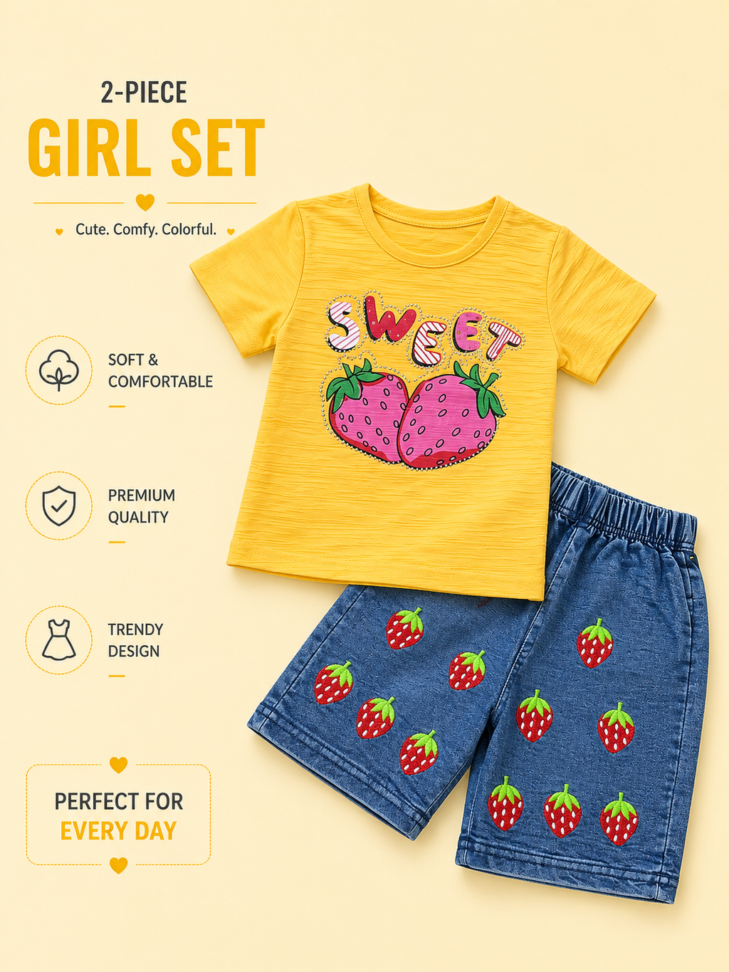 Girls Sweet Strawberry T-Shirt & Denim Shorts 2-Piece Set – Pink & Yellow