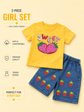 Girls Sweet Strawberry T-Shirt & Denim Shorts 2-Piece Set – Pink & Yellow