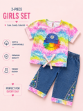 Girls Colorful Floral Graphic Top & Denim Capri 2-Piece Set