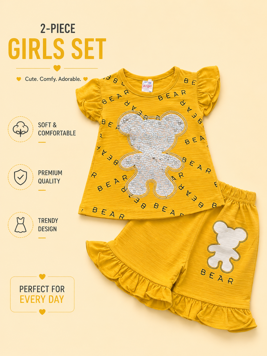 Girls Sequin Bear Ruffle Top & Shorts 2-Piece Set