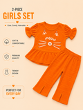 Girls Orange Meow Cat Ruffle Top & Flared Pants 2-Piece Set