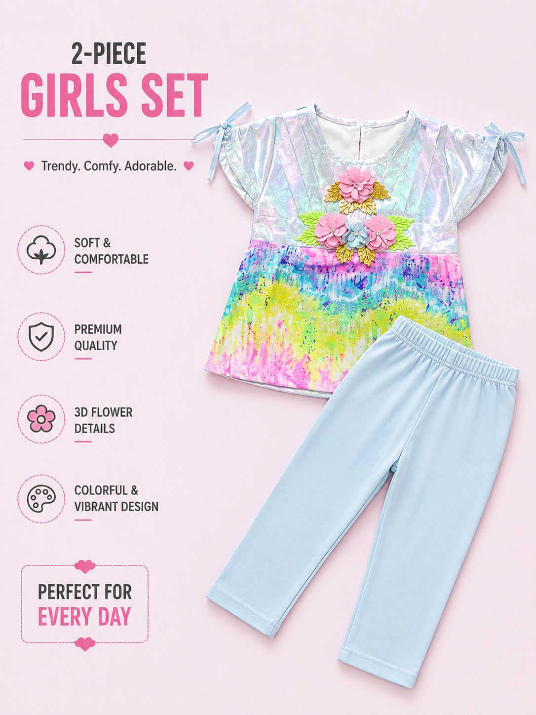 Girls 3D Floral Shimmer Top & Pants 2-Piece Set – Pink & Blue Variants