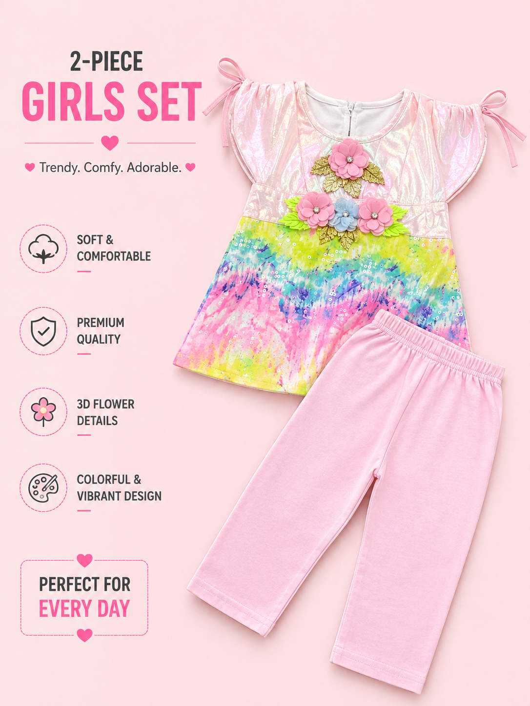 Girls 3D Floral Shimmer Top & Pants 2-Piece Set – Pink & Blue Variants