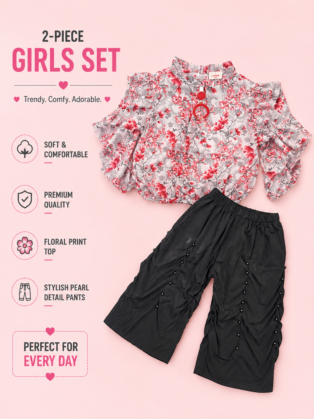 Girls Floral Ruffle Top & Pearl Detail Black Pants 2-Piece Set