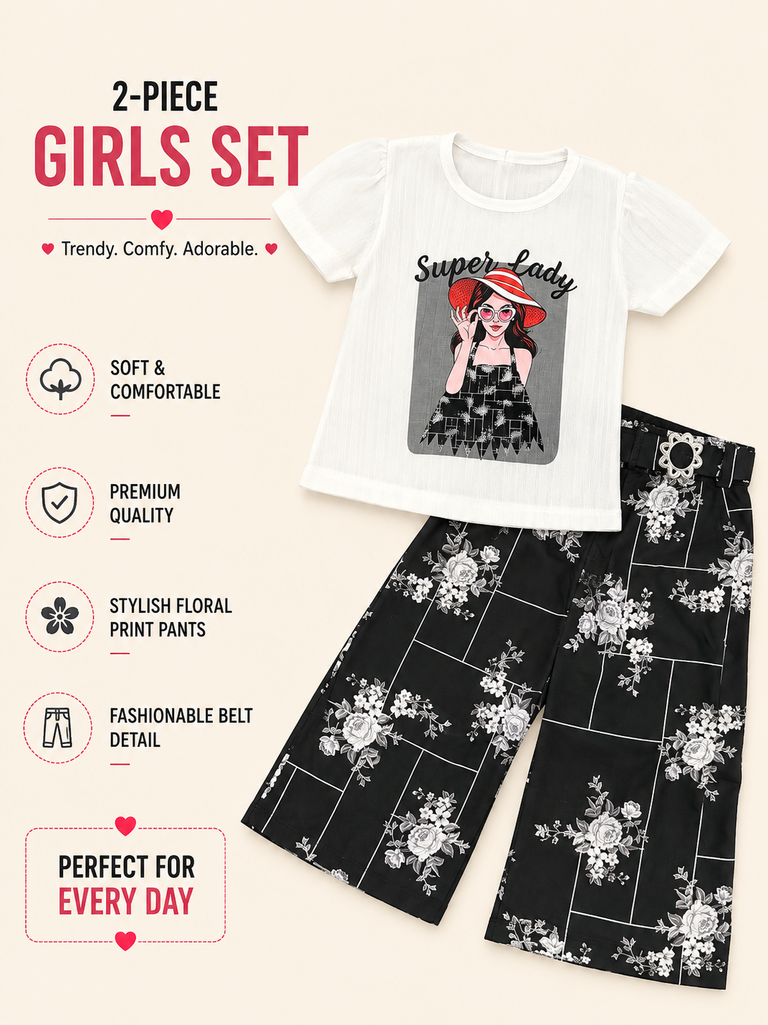 Girls Super Lady Graphic Top & Floral Wide-Leg Pants 2-Piece Set