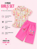Girls Printed Button Shirt & Pink Embroidered Shorts 2-Piece Set