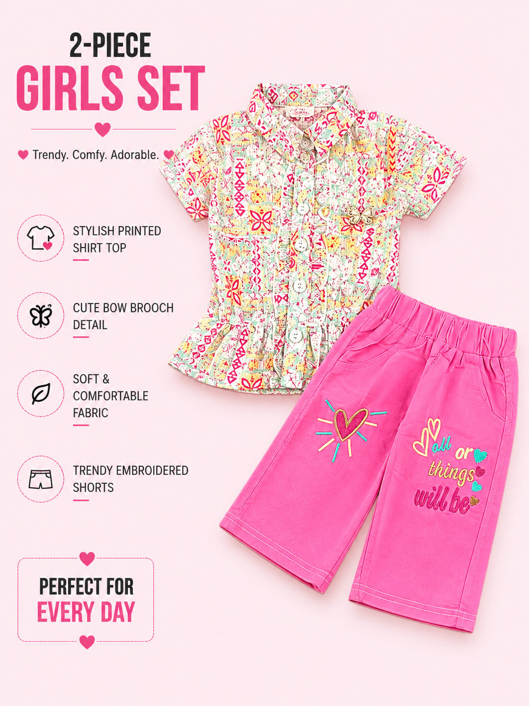 Girls Printed Button Shirt & Pink Embroidered Shorts 2-Piece Set