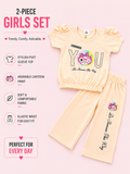 Girls Cute Cartoon Puff Sleeve Top & Wide-Leg Pants 2-Piece Set
