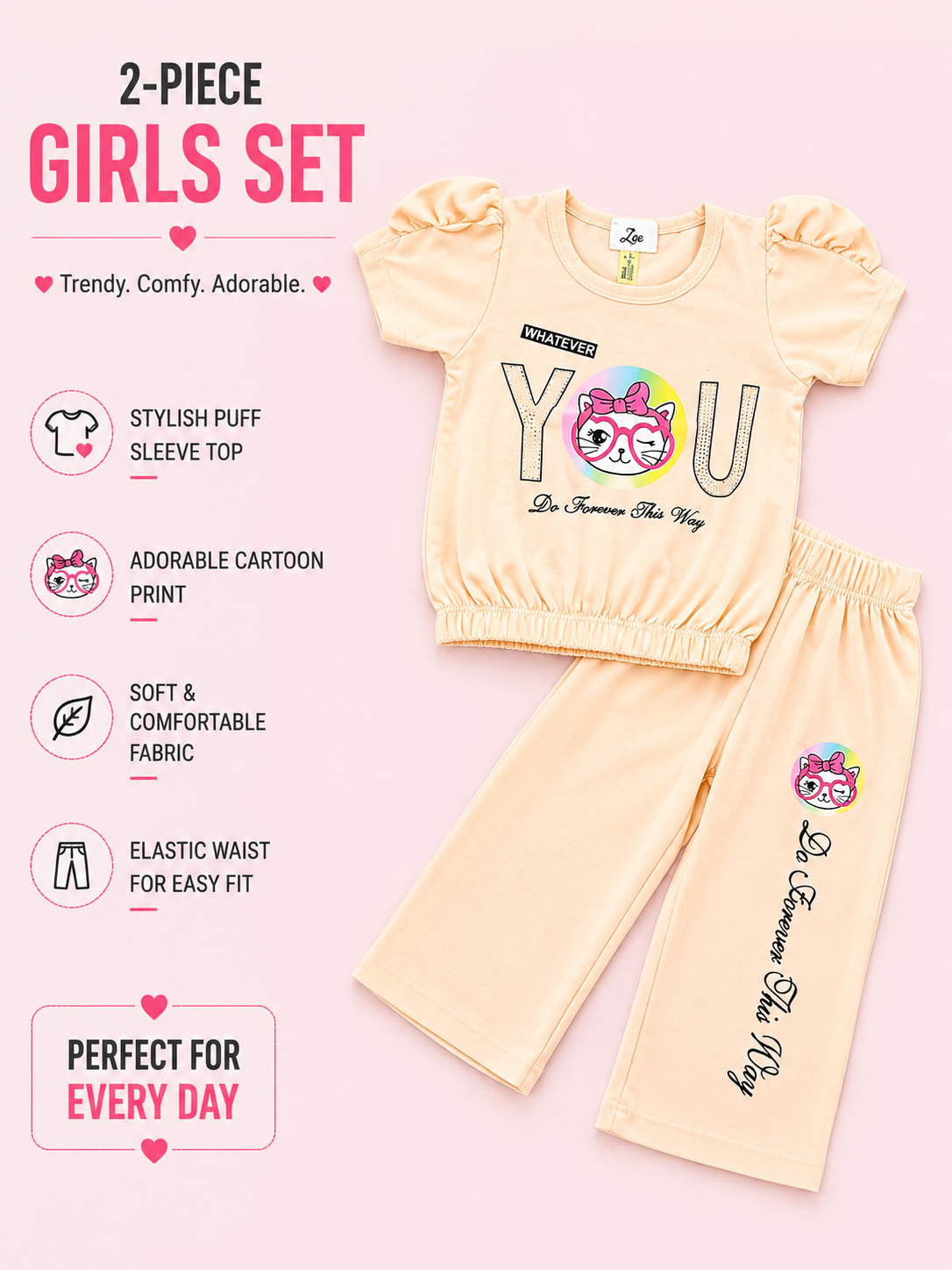 Girls Cute Cartoon Puff Sleeve Top & Wide-Leg Pants 2-Piece Set