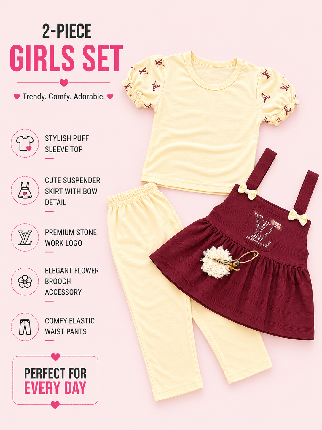 Girls Puff Sleeve Top, Suspender Dress & Pants 3-Piece Set