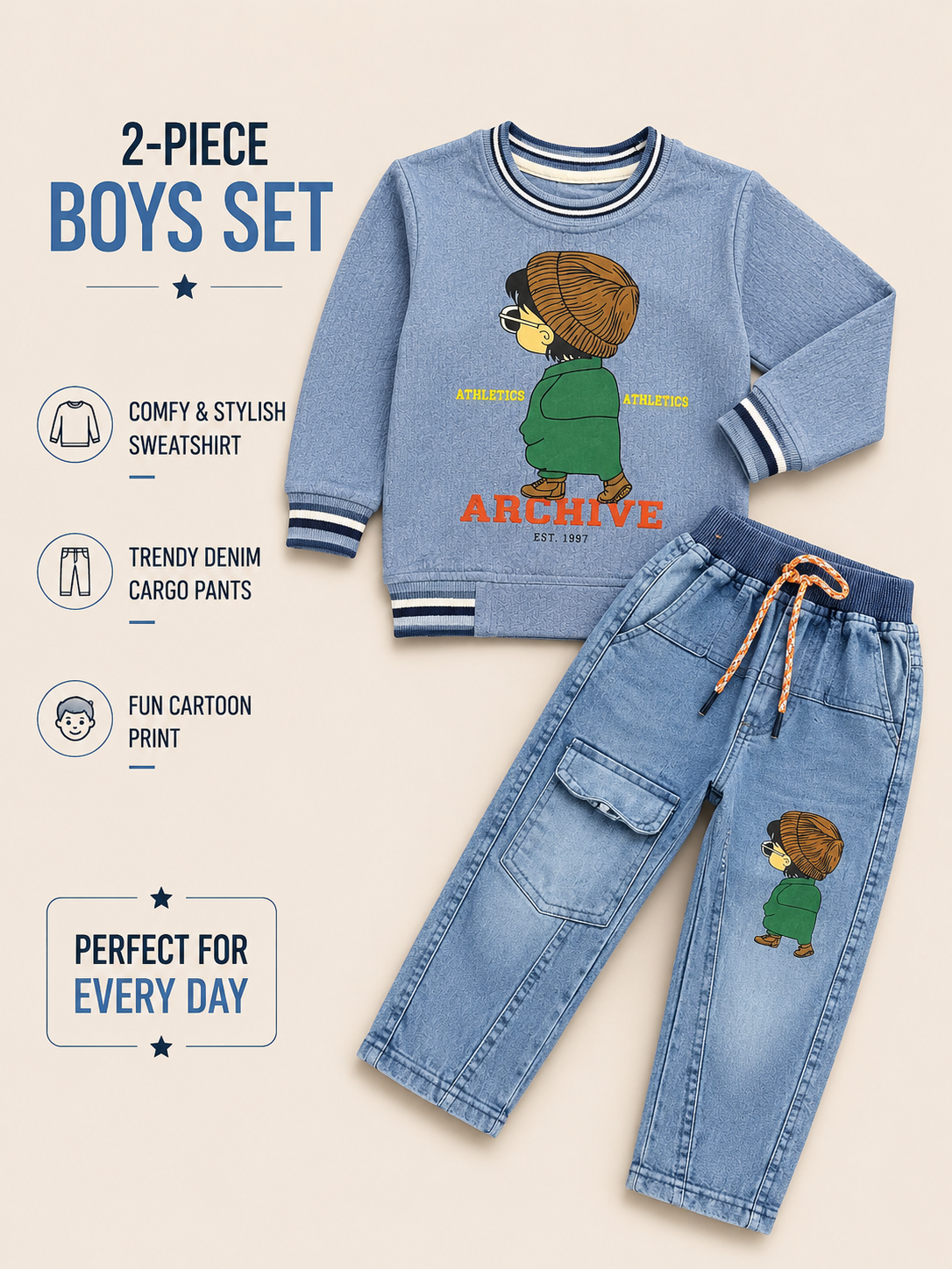 Archive Cartoon Boys 2-Piece Sweatshirt & Denim Cargo Set