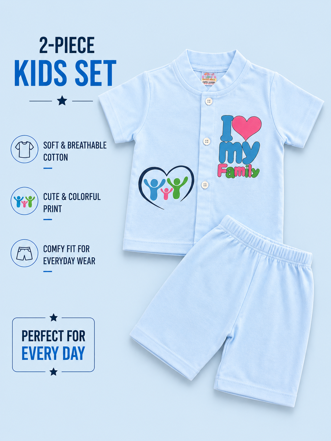 I Love My Family Kids 2-Piece Cotton Shirt & Shorts Set – 0-3 Months