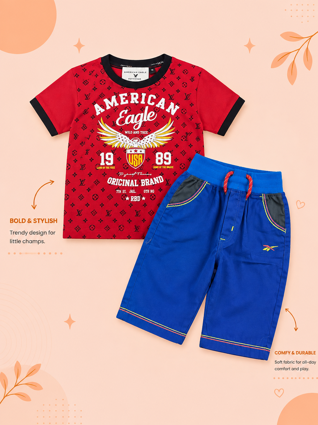 Boys American Eagle Graphic T-Shirt & Blue Shorts Set