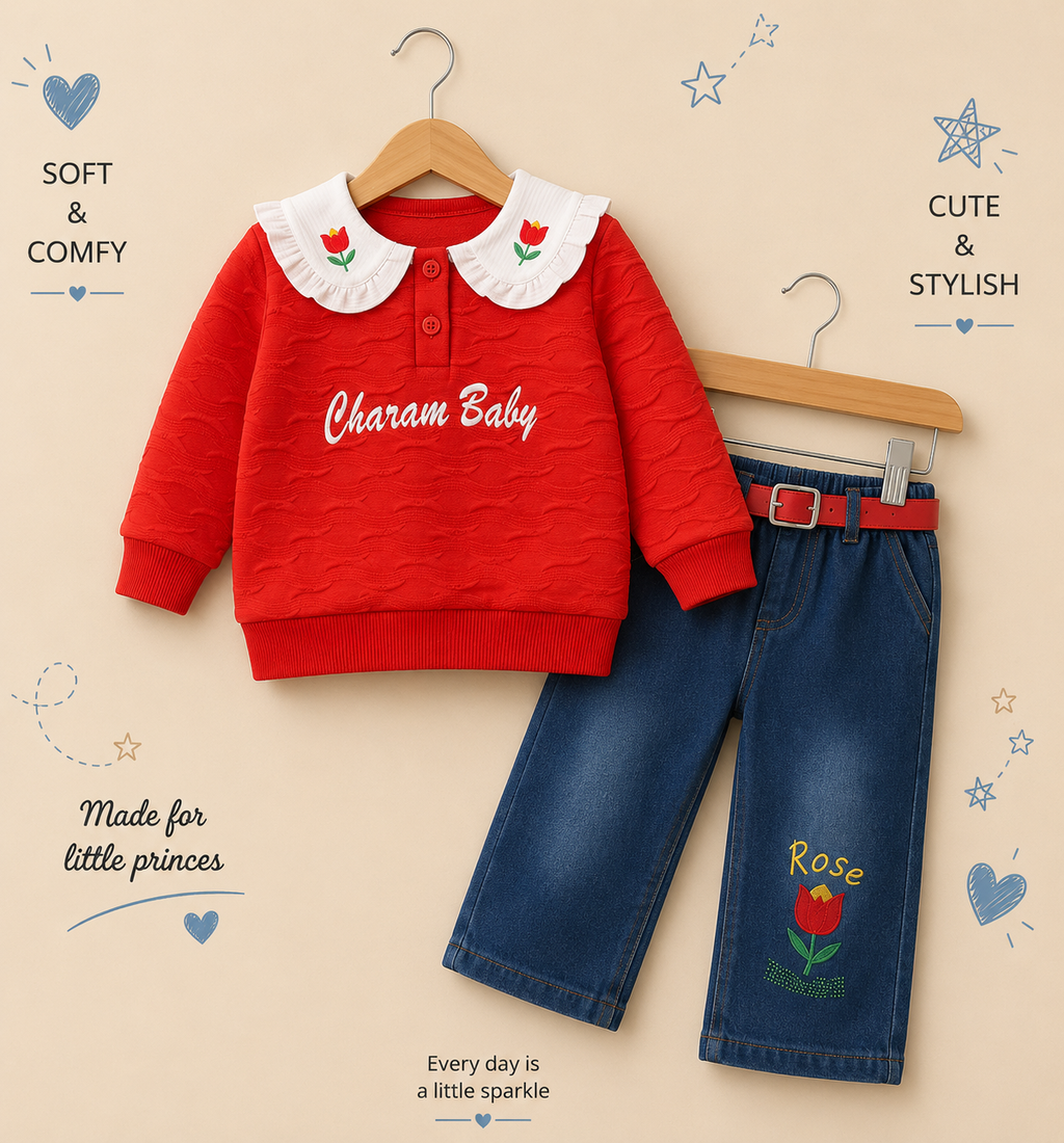 Girls Charam Baby Floral Sweatshirt & Rose Embroidered Denim Jeans 2-Piece Set