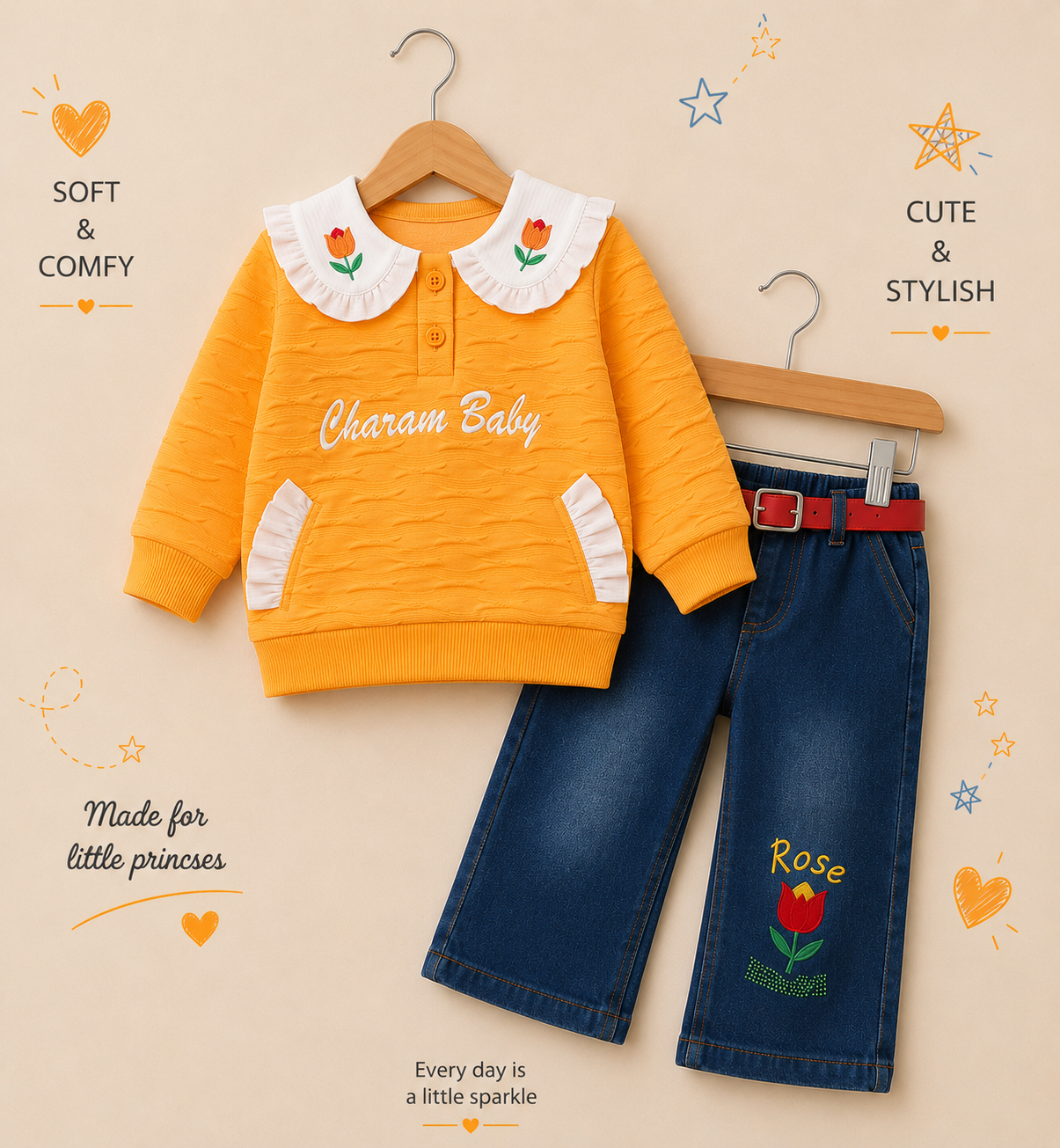 Girls Charam Baby Floral Sweatshirt & Rose Embroidered Denim Jeans 2-Piece Set