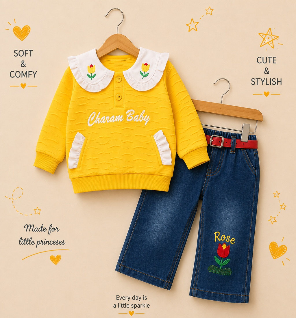 Girls Charam Baby Floral Sweatshirt & Rose Embroidered Denim Jeans 2-Piece Set