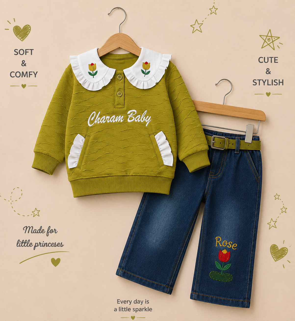Girls Charam Baby Floral Sweatshirt & Rose Embroidered Denim Jeans 2-Piece Set