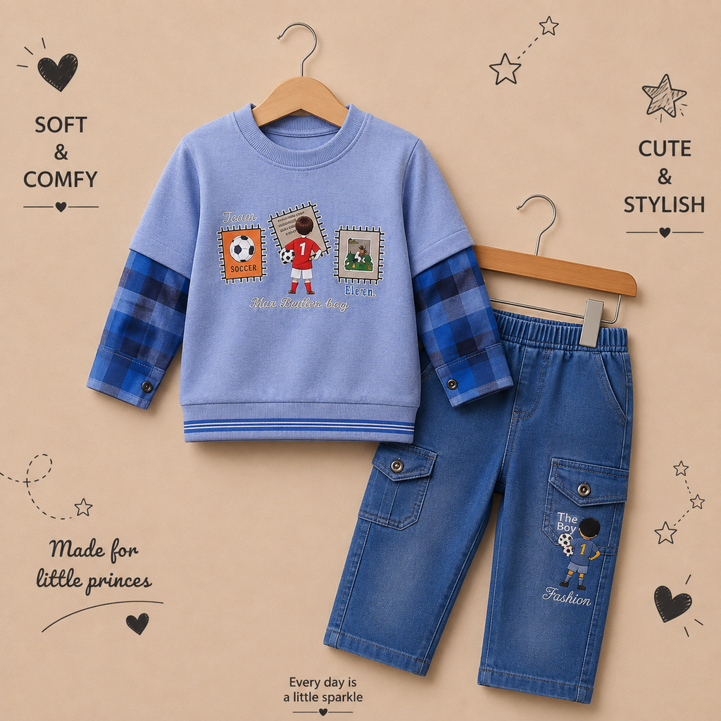 Imported Boys Soccer Graphic Layered Sweatshirt & Denim Cargo Pants Set – 2 Piece