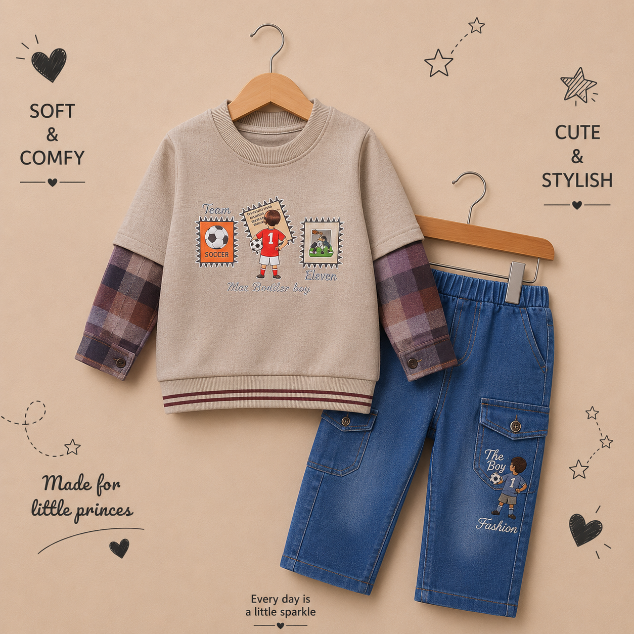 Imported Boys Soccer Graphic Layered Sweatshirt & Denim Cargo Pants Set – 2 Piece