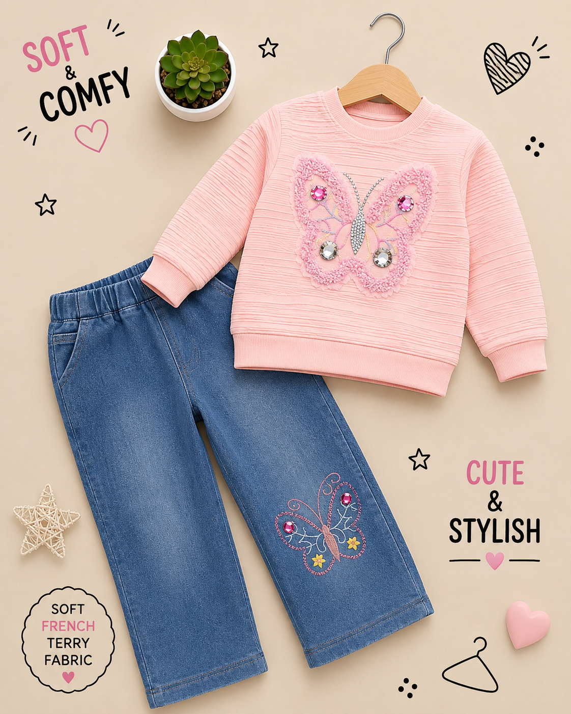 Girls Butterfly Embellished French Terry Top & Denim Set