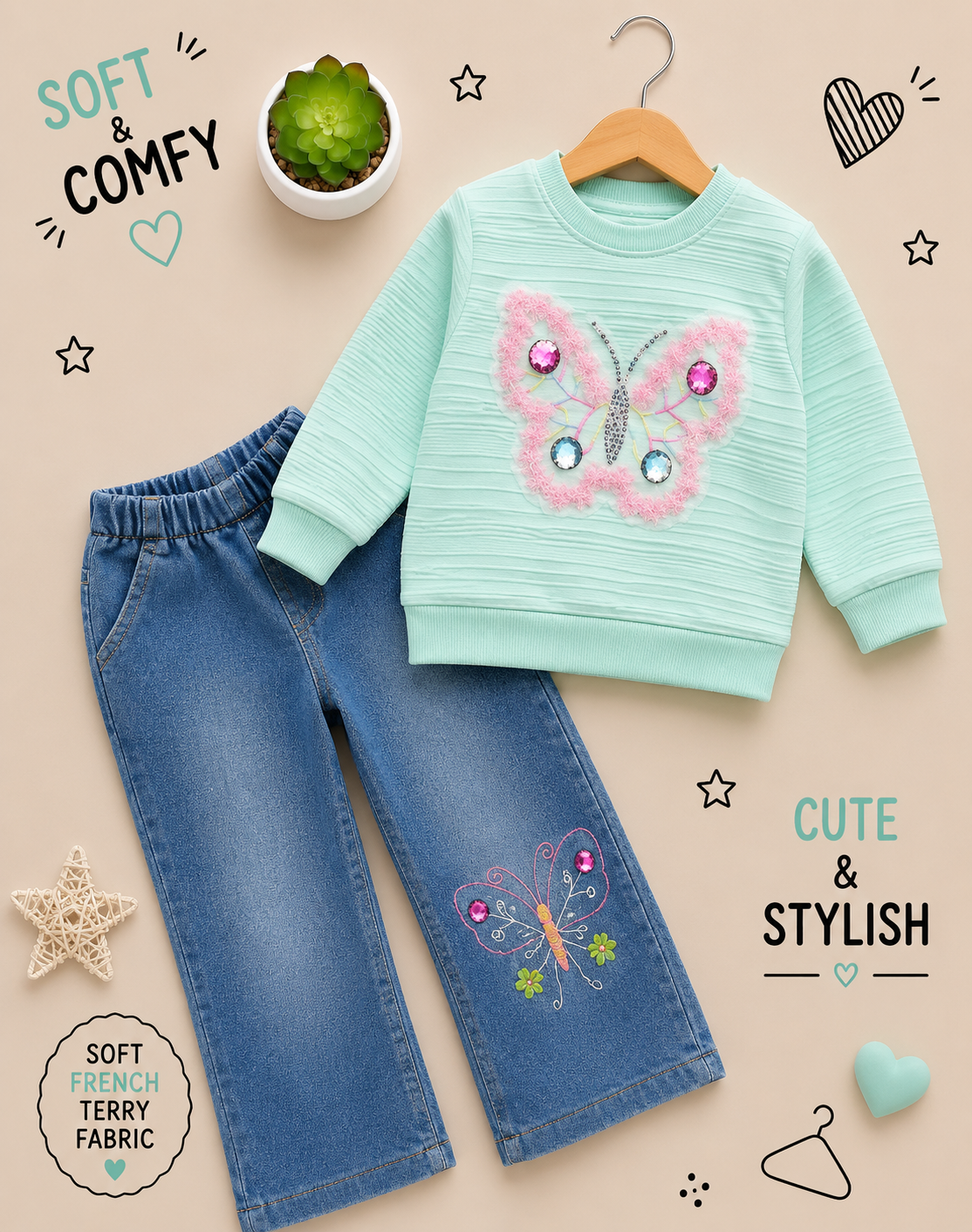 Girls Butterfly Embellished French Terry Top & Denim Set
