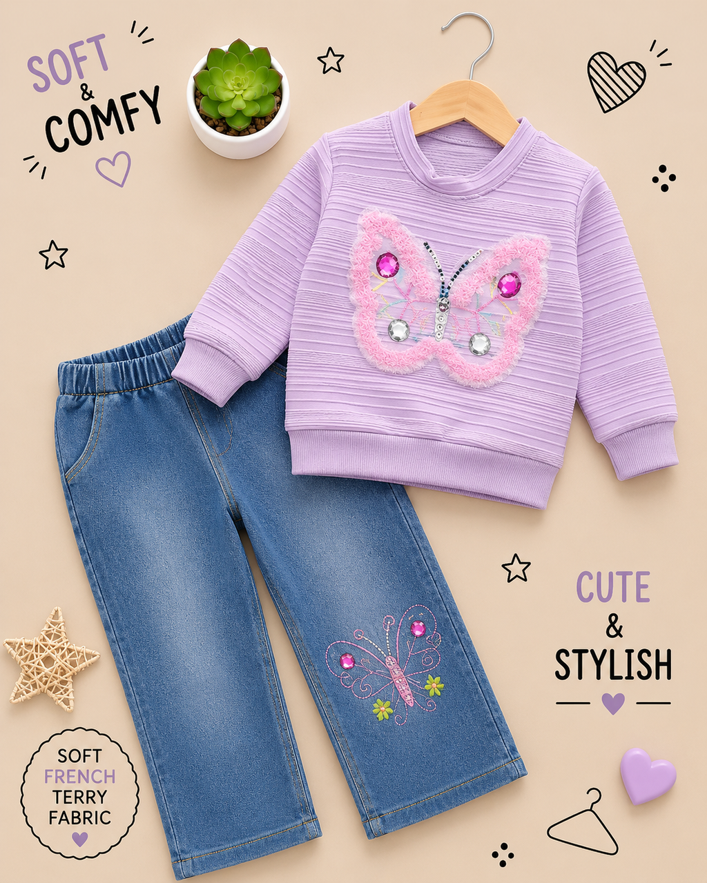 Girls Butterfly Embellished French Terry Top & Denim Set
