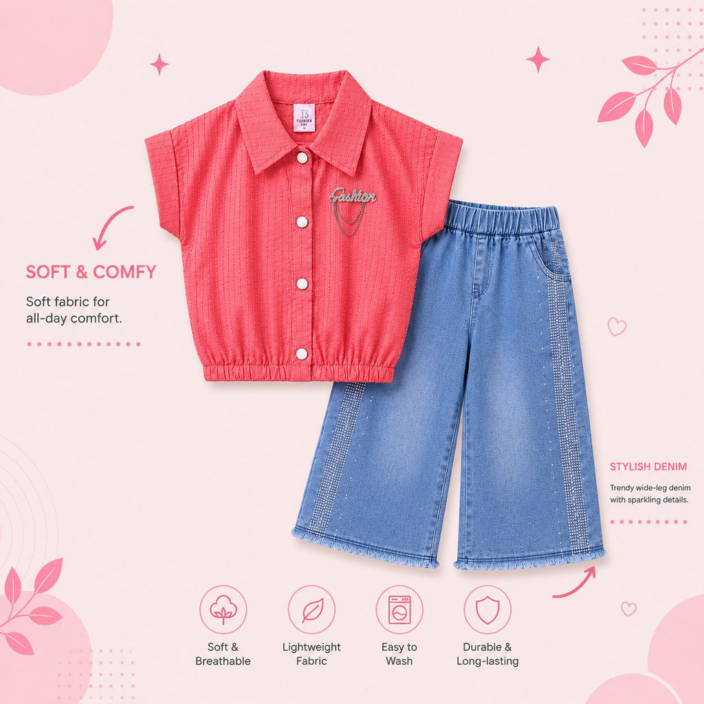 Girls Premium Denim Co-Ord Set with Fashion Shirt