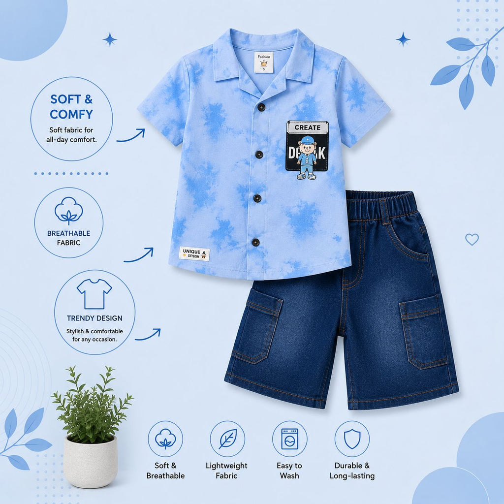Premium Tie-Dye Boys Summer Shirt & Denim Shorts Set