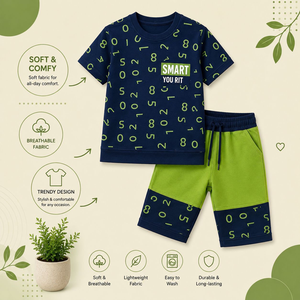 Smart Boys Printed T-Shirt & Color Block Shorts Co-Ord Set