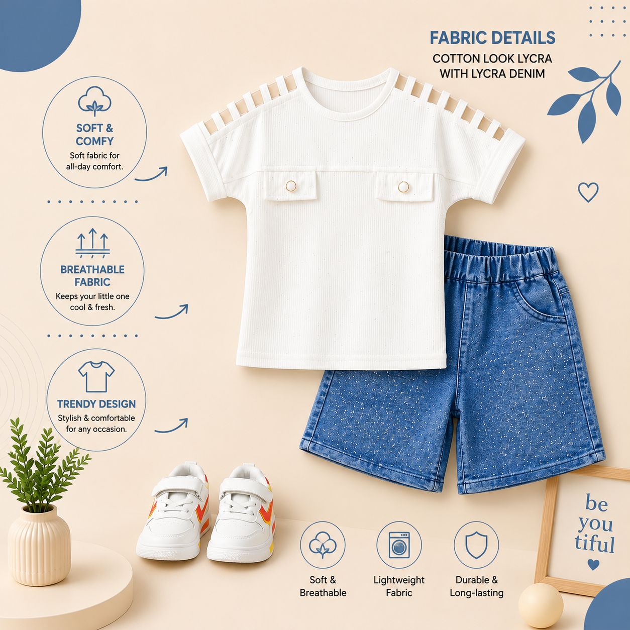 Girls Cotton Look Lycra Top & Denim Shorts Co-Ord Set