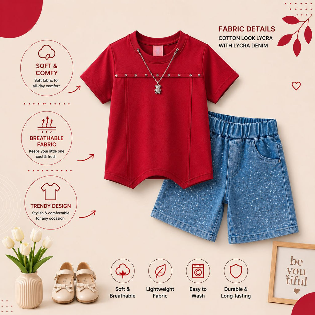Luxury Girls Cotton Look Lycra Co-Ord Set with Lycra Denim Shorts