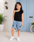Girls Black Flower Top & Denim Shorts 2 Piece Summer Outfit Set