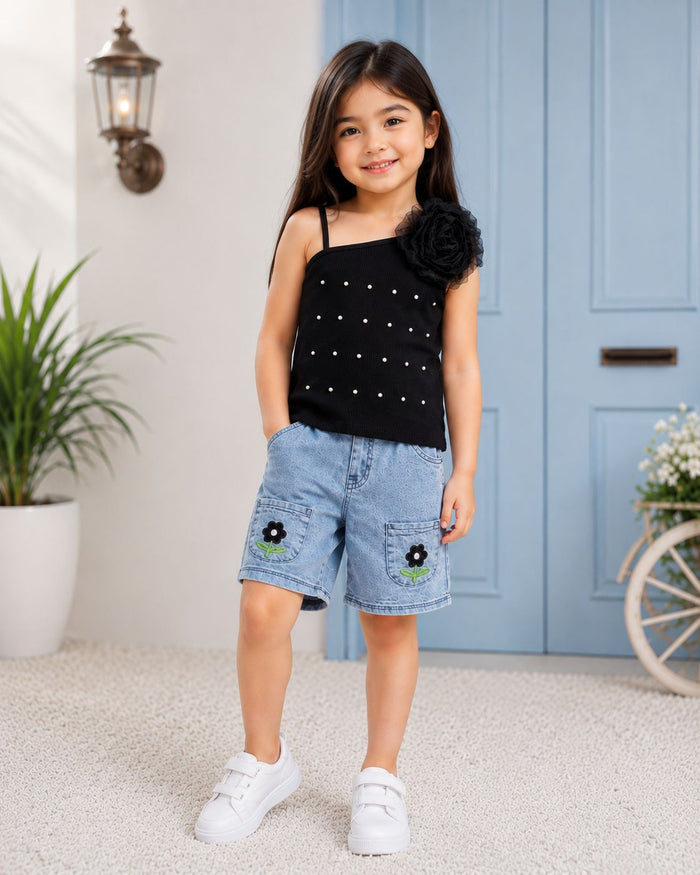 Girls Black Flower Top & Denim Shorts 2 Piece Summer Outfit Set