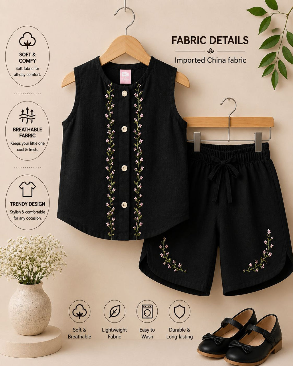 Girls Floral Embroidered Sleeveless Top & Shorts 2 Piece Outfit Set