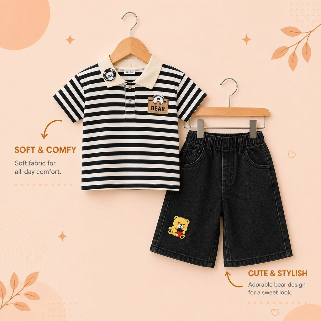 Kids Bear Striped Polo T-Shirt & Black Denim Shorts Set