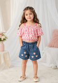 Girls Strawberry Print Off-Shoulder Top & Denim Shorts Co-Ord Set