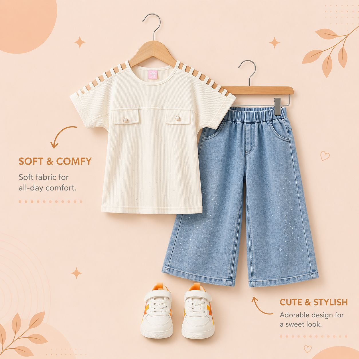 Girls Cream Ribbed Top with Wide Leg Denim Pants Set