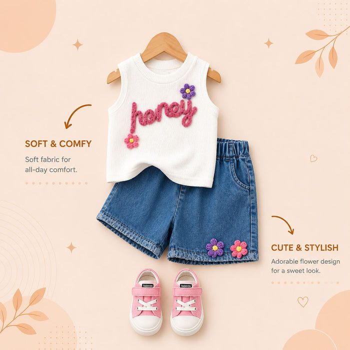 Girls Honey Ribbed Sleeveless Top & Denim Shorts Set with Floral Applique